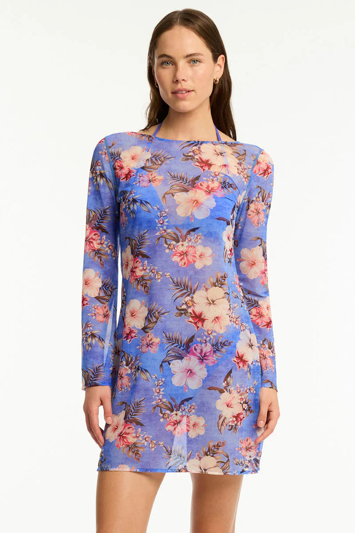 SEA LEVEL- WOMEN'S BLUE HAWAII MESH SHORT DRESS