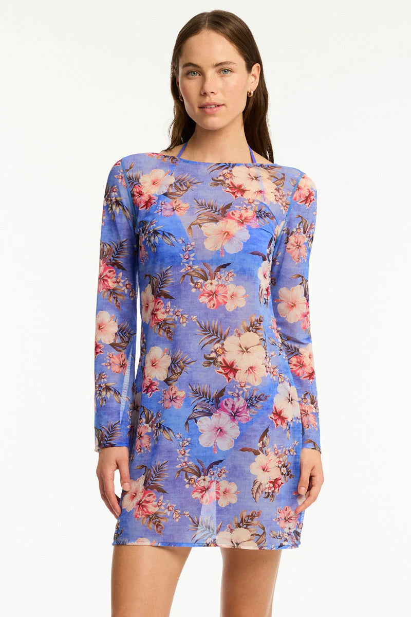SEA LEVEL- WOMEN'S BLUE HAWAII MESH SHORT DRESS