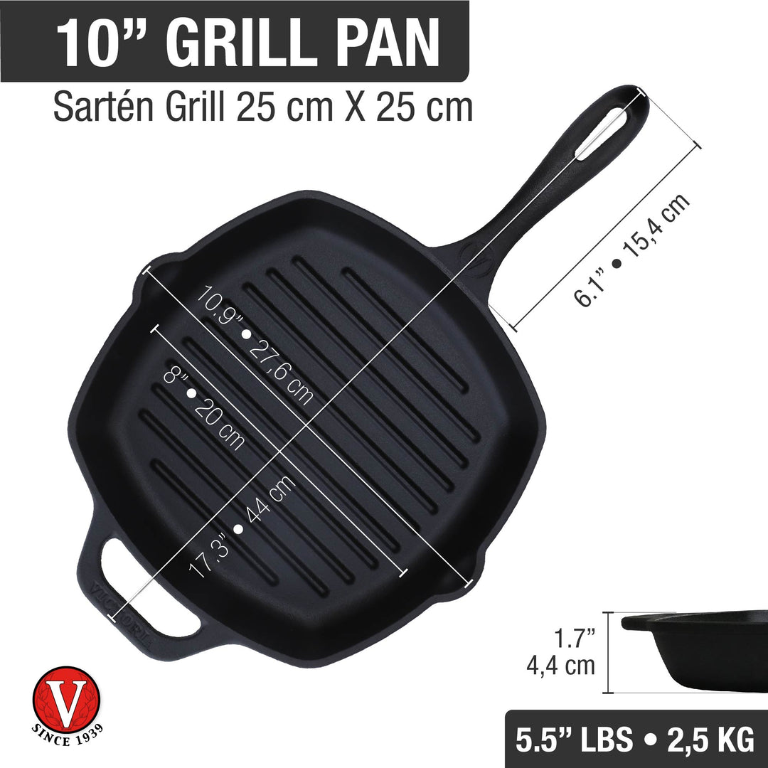 VICTORIA - 10" CAST IRON SQUARE GRILL PAN