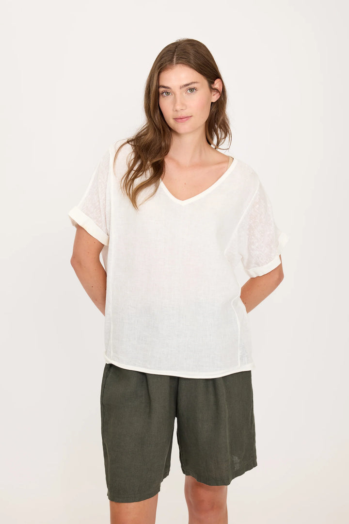 PISTACHE  - SHORT SLEEVE V-NECK LINEN AND KNITTED VISCOSE TOP T-4787-1