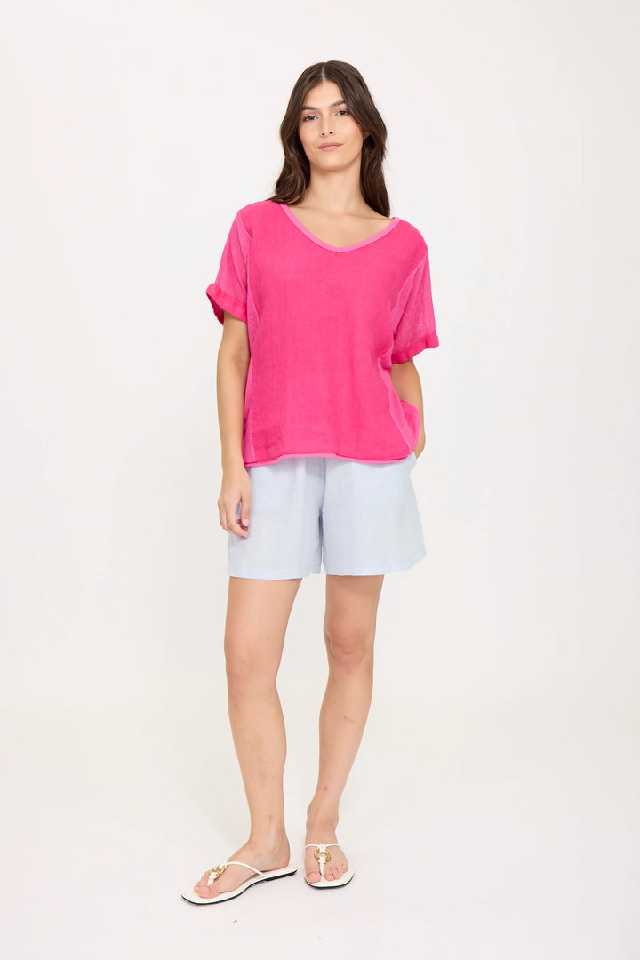 PISTACHE  - SHORT SLEEVE V-NECK LINEN AND KNITTED VISCOSE TOP T-4787-1