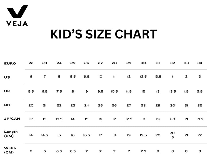 Veja size chart for kid's