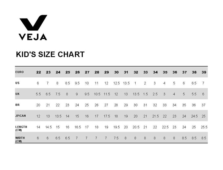 Veja footwear, Kids size chart
