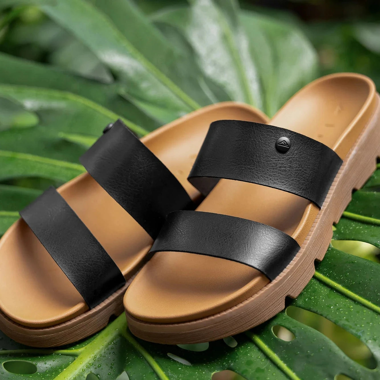 Pair of brown sandals with black straps on a green leaf background