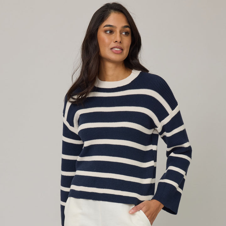 PISTACHE- WOMEN'S STRIPED CREWNECK KNIT SWEATER