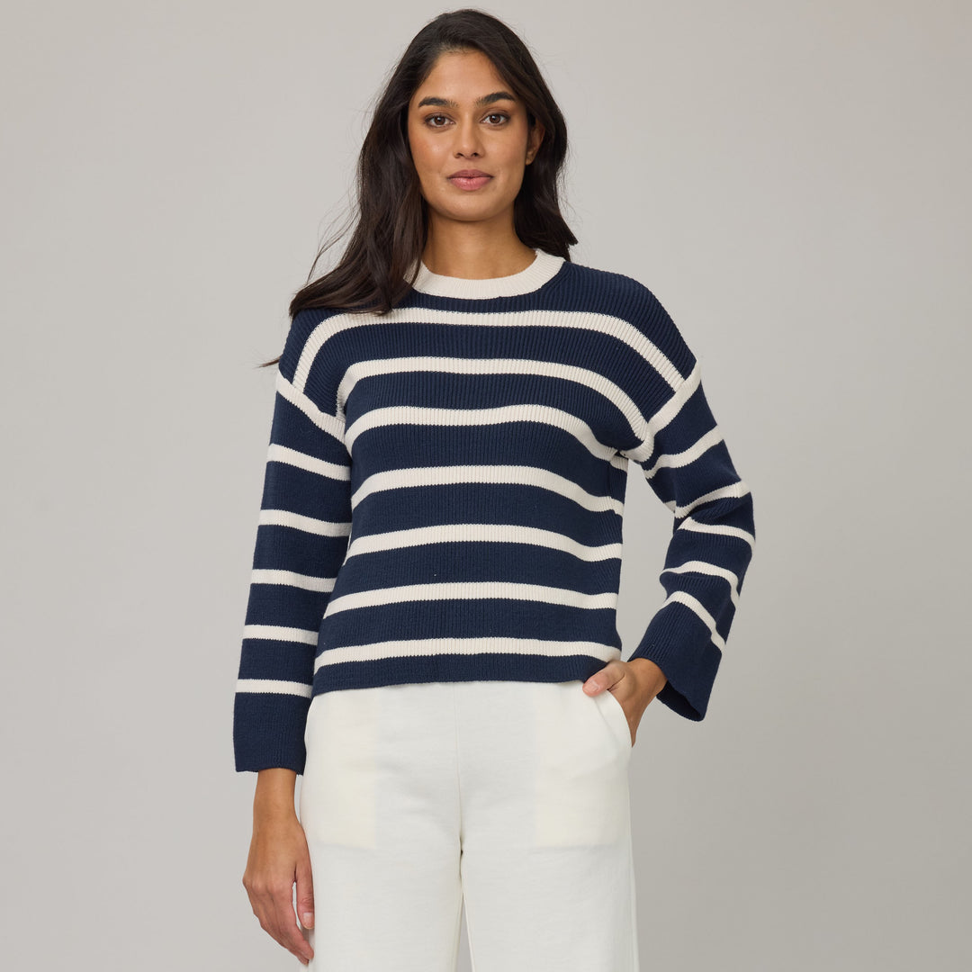 PISTACHE- WOMEN'S STRIPED CREWNECK KNIT SWEATER