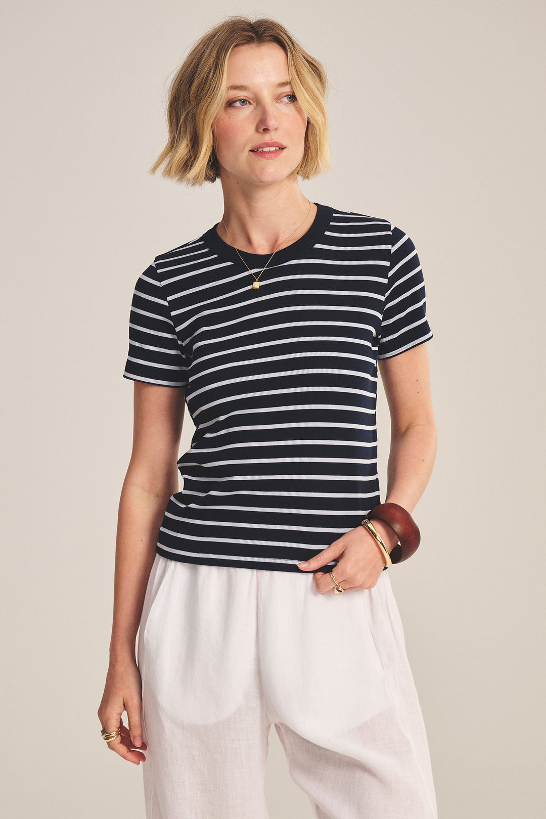 VELVET - STRIPE RIB & POPLIN MIX MEDIA TOP BRENDA07
