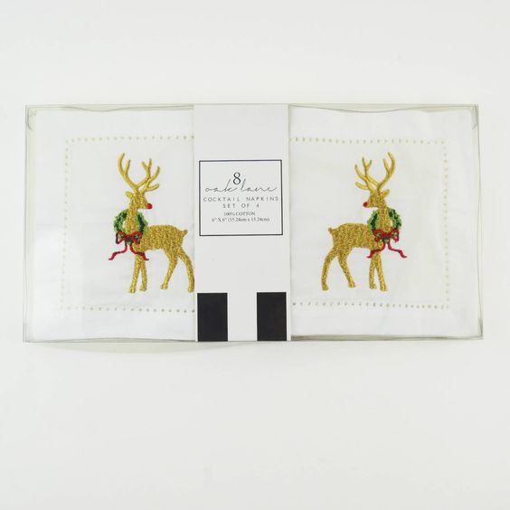 8 OAK LANE- REINDEER EMBROIDED COCKTAIL NAPKIN 