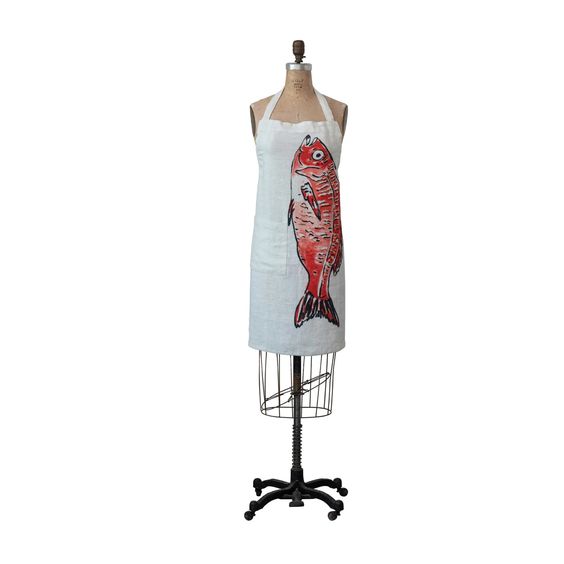 CREATIVE CO OP- LINEN FISH PRINTED APRON
