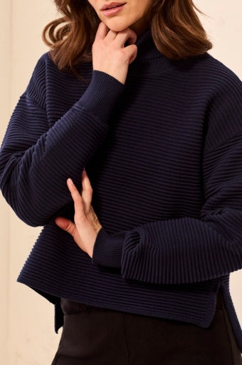 TRIBAL - T-NECK HIGH LOW SWEATER W/ SIDE SLITS -NIGHTFALL
