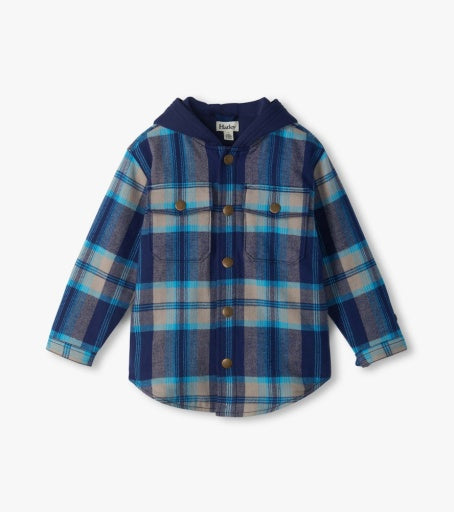 HATLEY - BOYS BLUE HUNTINGTON PLAID WOVEN FLANNEL HOODIE