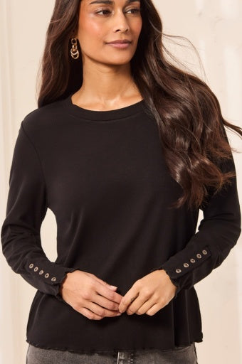 TRIBAL - L/S CREW NECK TOP W/BUTTON DETAIL-BLACK