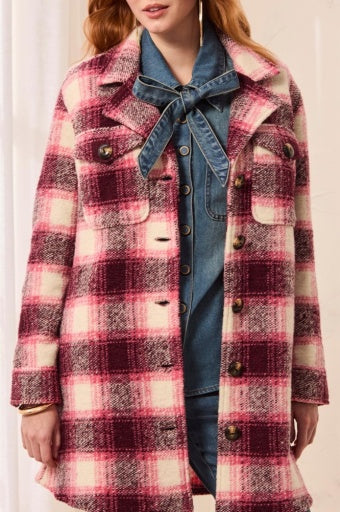 TRIBAL - KNIT PLAID NOTCH COLLAR SHACKET-CHERRYLACQUER