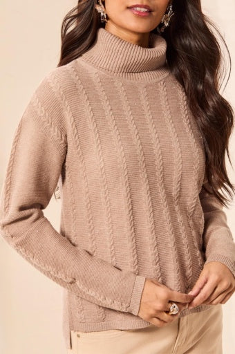 TRIBAL - T- NECK CABLE STITCH SWTR W/SIDE SLITS -DK PASHMINA