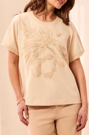 TRIBAL - EMBROIDERED BEADING CAP SLEEVE CREW NECK TOP-SHIMMER