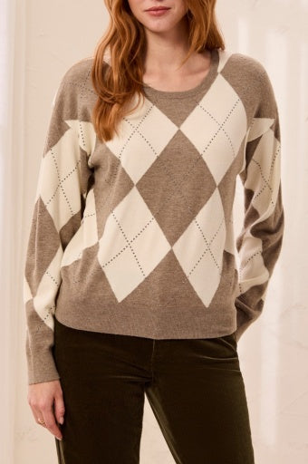 TRIBAL - L/S CREW NECK SWEATER W/STUDS DTL-OATMEAL
