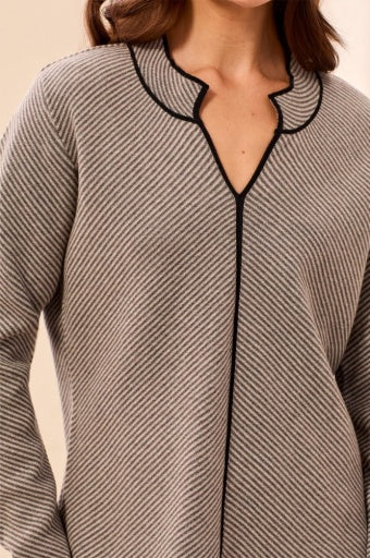 TRIBAL - L/S SPLIT NK SWEATER W/TIPING-GREY MIX