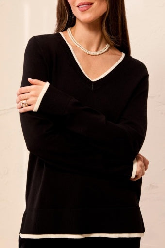 TRIBAL - L/S V NECK SWEATER W/TIPING-BLACK