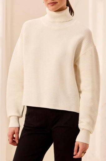 TRIBAL - T-NECK HIGH LOW SWEATER W/ SIDE SLITS -CREAM