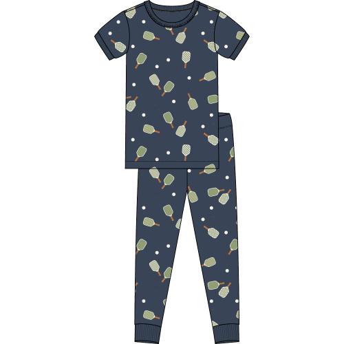 PETIT LEM- Kids Pickleball Print on Dress Blue Short-Sleeved PJ Set (8-14)