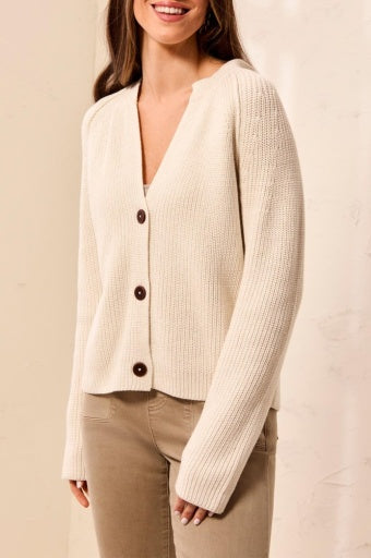 TRIBAL - L/S CREW NK SWT CARDIGAN-OATMEAL