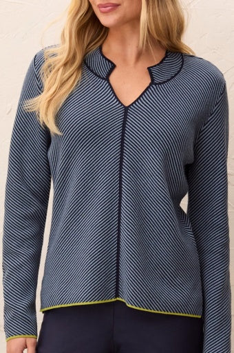 TRIBAL - L/S SPLIT NK SWEATER W/TIPING-BLUE FOG