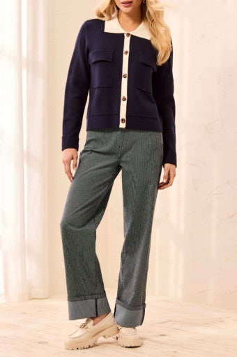 TRIBAL - L/S SWT CARDIGAN W/COLLAR & PKTS-SAPPHIRE
