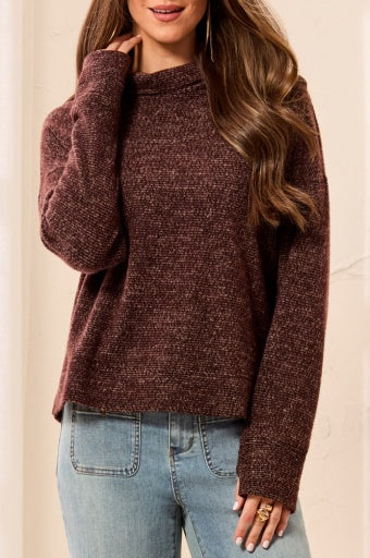 TRIBAL - L/S FUNNEL NECK TOP-HICKORY