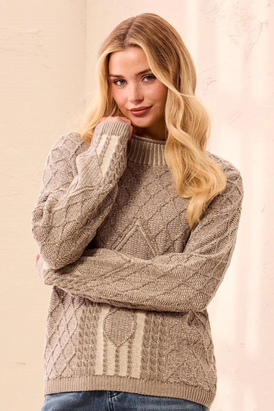 TRIBAL - L/S CREW NK SWEATER W/ CABLES